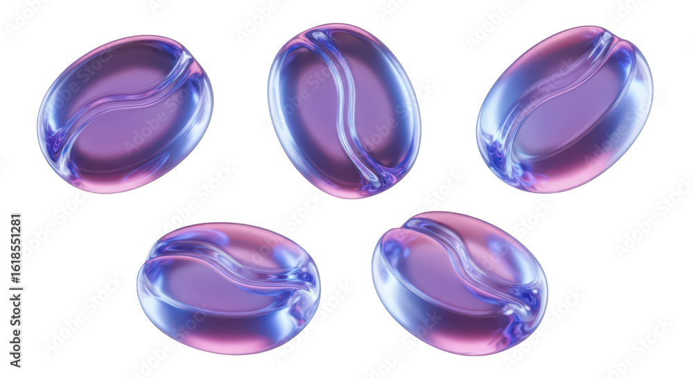 Poster five abstract iridescent coffee beans arranged on a white surface reflecting light for use in design