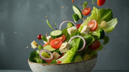 A fresh salad with lettuce, tomato, cucumber, and feta in motion