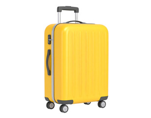 Cute 3d cartoon yellow luggage isolated on white background. Plastic style