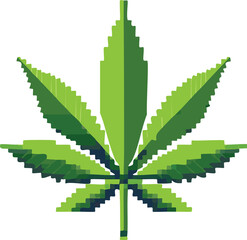 A pixel art style illustration of a marijuana leaf