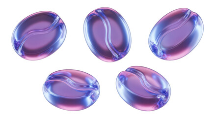 Five abstract iridescent coffee beans arranged on a white surface reflecting light for use in design or concepts