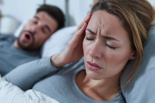 Frustration and sleeplessness in a relationship during a restless night in bed with snoring partner