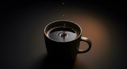 Coffee drops dripping into the coffee mug dark background