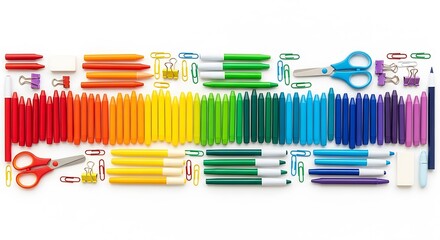 Obraz premium A colorful array of stationery supplies arranged in a spectrum.