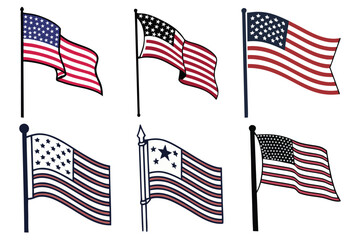 Stylized American Flags Set – Waving USA Flag Vector Collection for Patriotic Designs
