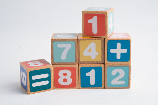 Number wood block cubes for learning Mathematic, education math.