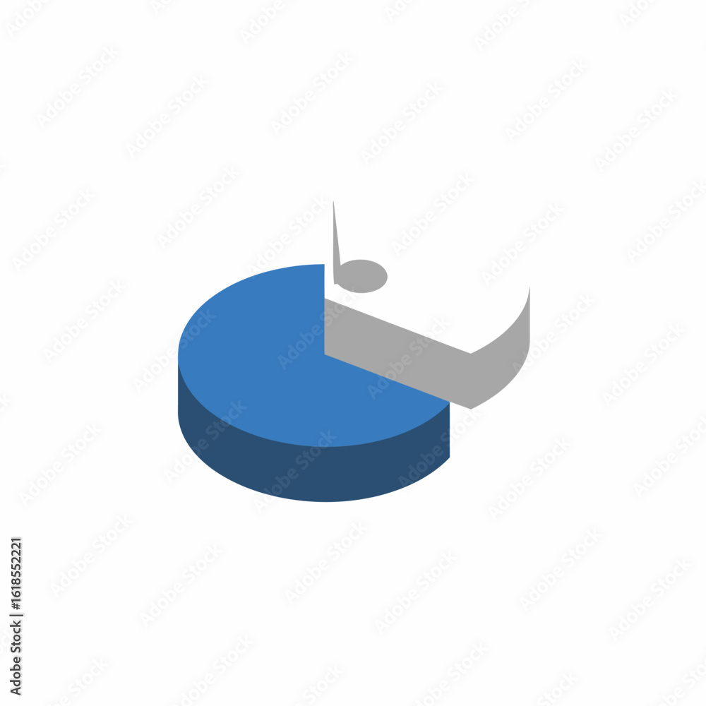 Poster isometric view of a pie chart with blue and white sections, representing data analysis.