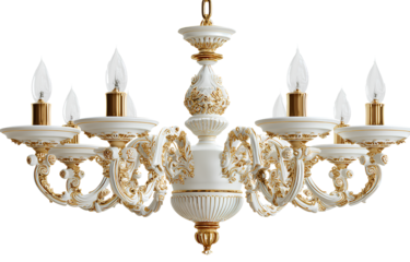  Vintage-style chandelier illustration in white and gold on a white background