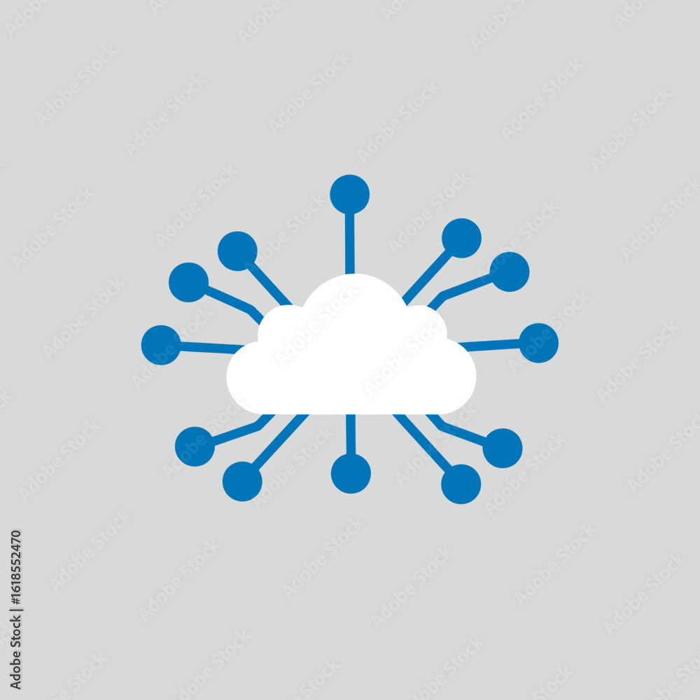 Poster a white cloud icon is connected to blue nodes via lines, representing cloud computing and network co