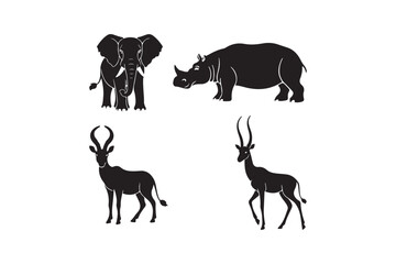 Silhouette collection of african safari animals including elephant rhino and antelopes