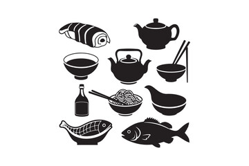 Collection of japanese food and drink icons in black and white