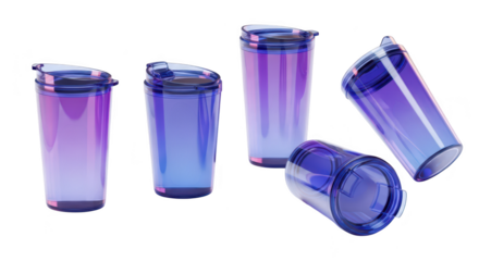 Clear gradient-colored travel tumblers are scattered on a white surface showcasing their design features with a clean minimalist backdrop Ideal for product promotion