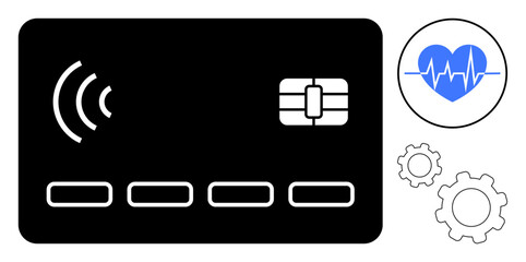 Black digital card with chip and contactless symbol, blue heart with heartbeat line, and gear icons. Ideal for fintech, healthcare, innovation, digital service, automation, synergy simple landing