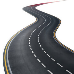 Winding asphalt road with white dashed lines isolated on transparent background