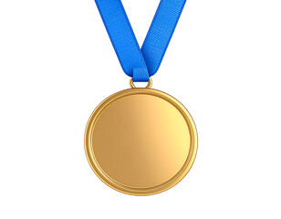 Golden plastic cartoon medal with blue neck ribbon, glossy and smooth, realistic light on transparent background and white background  