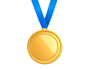 Golden plastic cartoon medal with blue neck ribbon, glossy and smooth, realistic light on transparent background and white background  