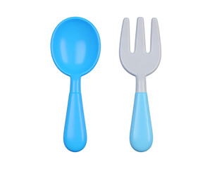 High quality 3D render illustration icon of cutlery spoon and fork, plastic cartoon on transparent background and white background 