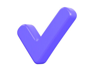 Violet verified check mark icon, 3D render, glossy plastic material isolated on transparent background and white background 