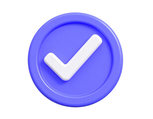 Violet verified check mark icon, 3D render, glossy plastic material isolated on transparent background and white background 