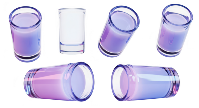 Transparent shot glasses with purple liquid in various angles isolated against a white background possibly for cocktails or branding