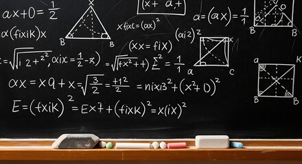A chalkboard covered in complex mathematical equations and geometric diagrams, with erasers.