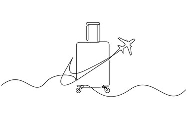 Suitcase and airplane in one continuous line drawing, Travel continuous line drawing with color shapes, World Tourism DayVector illustration.