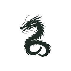 Stylized dragon silhouette coiling in a dynamic pose against a minimalist background
