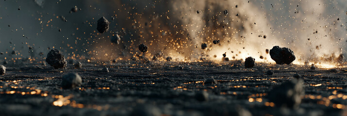 A cinematic volcanic terrain with cracked ground and glowing magma veins, featuring small rocks and dark stones levitating just above the surface in motion.