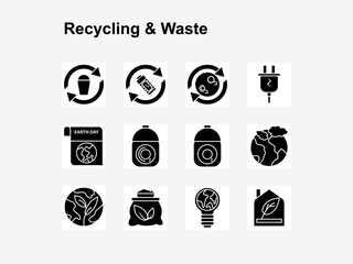 12 solid-style icons on recycling, pollution, Earth Day, and sustainable energy. Ideal for clean energy campaigns and eco topics.