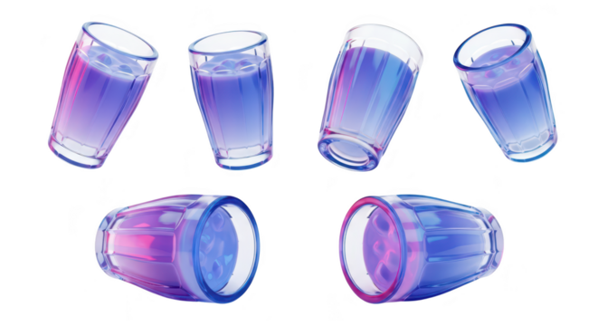 Six glasses filled with purple liquid tilted on a white surface reflecting neon light suitable for beverage promotion