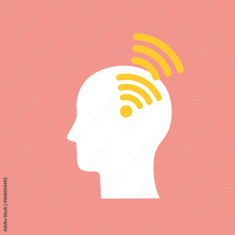 Poster silhouette of a head with a wireless signal emanating from the brain, representing connectivity.