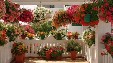 Fototapeta premium Colorful balcony overflowing with hanging flowers