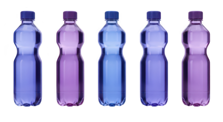 Row of colorful water bottles in varying hues isolated on white ready for beverage advertising or healthy lifestyle visuals