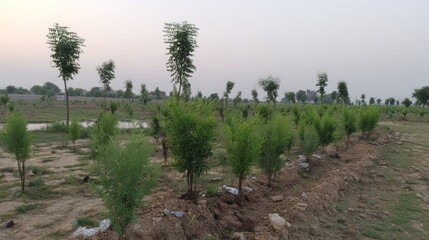A field of young trees, a light haze, and a pond