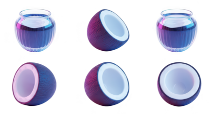 Coconut and bowl of water in studio cut coconut sections studio background for beverage or dessert visuals