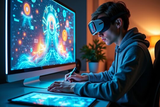 A young male designer uses a holographic display to create a futuristic masterpiece at his workstation.