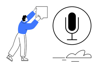 Individual holding a speech bubble near a microphone icon, concept of communication, podcasting, and expression. Ideal for media, technology, podcasts, social media, creativity dialogue simple