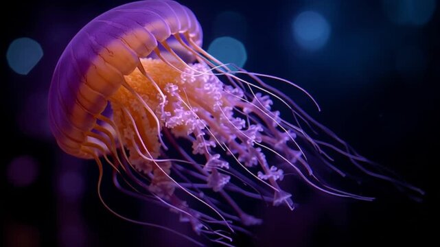 A jellyfish with a purple and orange bell floats in dark water