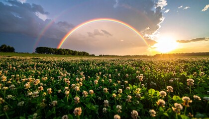 _Sunset rainbow over clover field St. Patrick's day. 