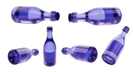 Multiple angles of transparent blue bottles on a white background showcasing their shape and clarity for product photography or design