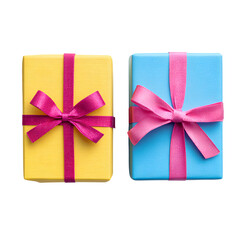  Two gift boxes, one is yellow and the other is blue with a pink ribbon on a  Transparent background PNG