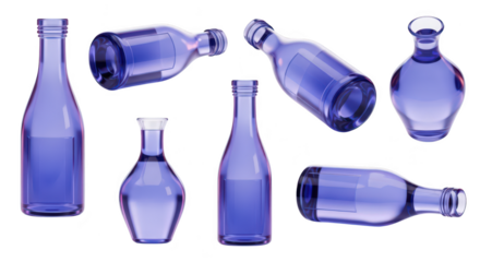 Multiple transparent blue glass bottles arranged randomly on a white reflective surface with soft lighting ideal for beverage or cosmetic product mockups
