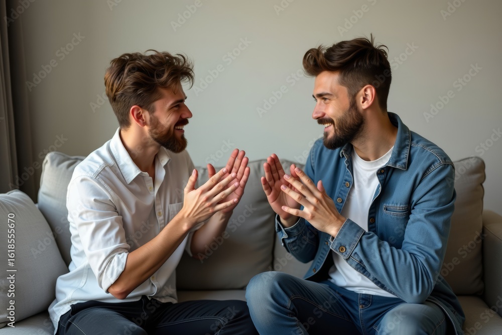 Poster capturing two young men engaged in dynamic sign language conversation on a sofa