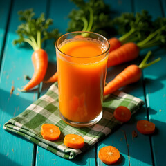 Fototapeta premium A glass of carrot juice with carrots on a checkered napkin