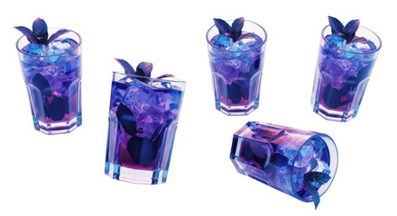 Five vibrant icy cocktails with basil arranged on white Perfect for bar menus social media promotions or refreshing drink advertisements