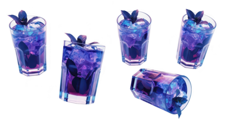 Five vibrant icy cocktails with basil arranged on white Perfect for bar menus social media promotions or refreshing drink advertisements