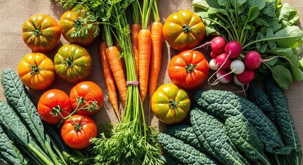 Top view flat lay of a fresh organic vegetable harvest with carrots, tomatoes, kale, and radishes