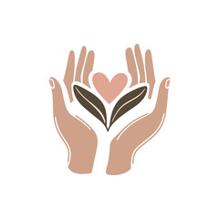 Two stylized hands holding a heart and leaves, symbolizing care and nature, on a clean background