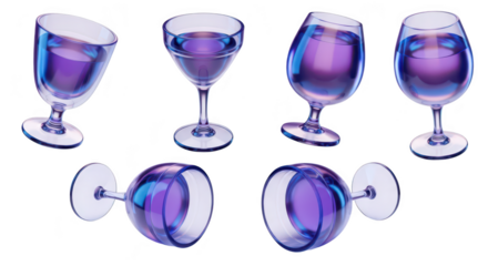 3D glasses holding purple liquid tilting on white with light and shadows perfect for product visualization and presentations