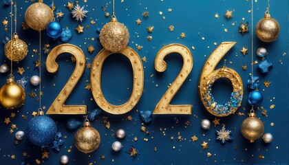 a festive new year's display features the year 2026 in shimmering gold numbers surrounded by ornate blue and gold ornaments and sparkling confetti on a deep blue background.